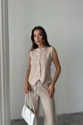 KETEN KENARLARI BİYELİ YELEK - PANTOLON TAKIM - Bej resmi